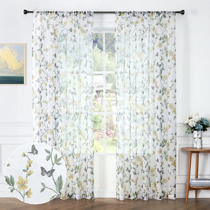Tollpiz Sheer Floral Curtains Yellow Flower Butterfly Printed Bedroom Curtain Rod Pocket Voile Faux Linen Short Window Curtains for Living Room, 54 x 45 inches Long, Set of 2 Panels