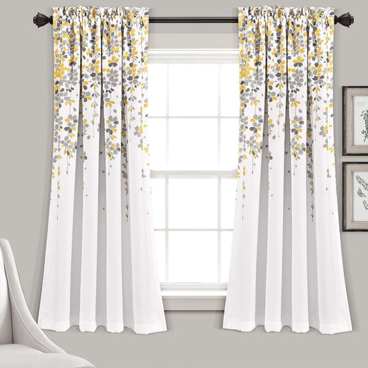 Lush Decor Weeping Flower Light Filtering Window Curtain Panels, Pair, 52"W x 63"L + 2" Header, Yellow & Gray - Charming Modern Floral Curtains for Living Room, Dining Room, & Bedroom