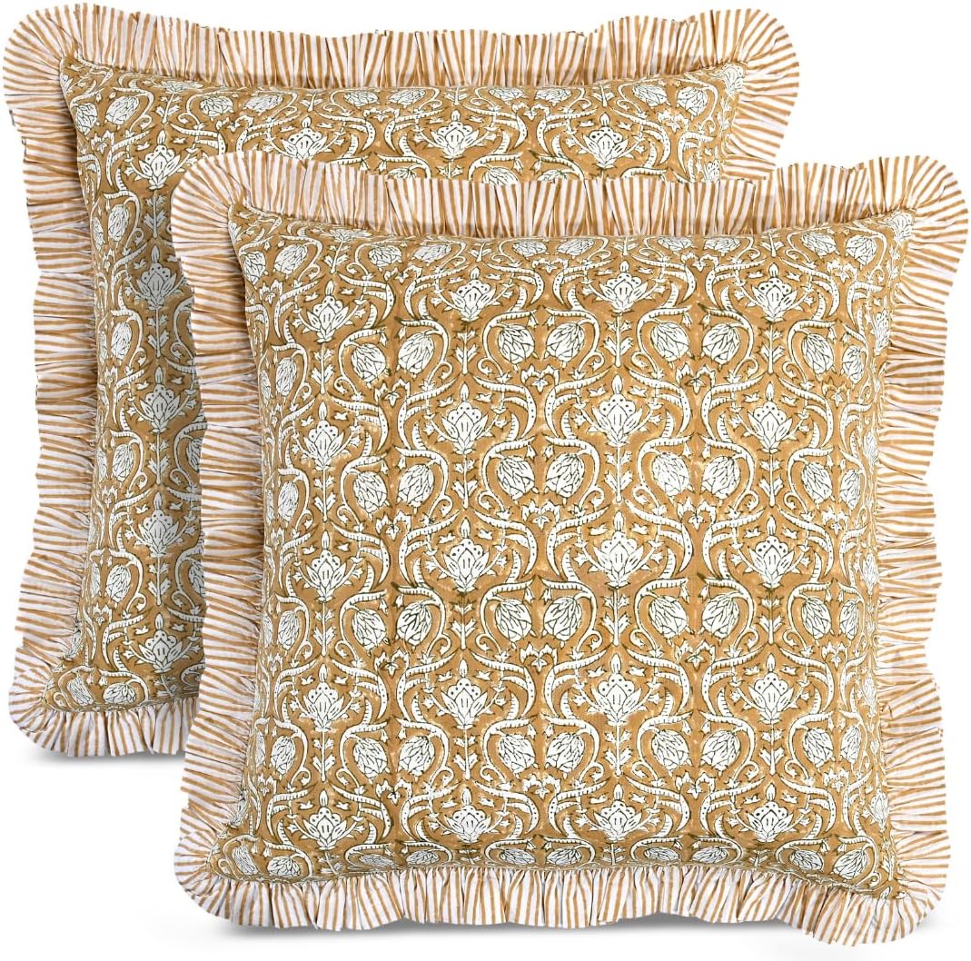 CPC Block Print Ruffle Throw Cover Mustard Regal 18"x18" Inch Pack of 2-100% Cotton Ruffle Couch Decorative Boho Pillows Case for Living Room, Bedroom, Sofa, Farmhouse Gift for Spring, Mother's Day