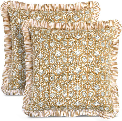 CPC Block Print Ruffle Throw Cover Mustard Regal 18"x18" Inch Pack of 2-100% Cotton Ruffle Couch Decorative Boho Pillows Case for Living Room, Bedroom, Sofa, Farmhouse Gift for Spring, Mother's Day