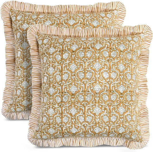 CPC Block Print Ruffle Throw Cover Mustard Regal 18"x18" Inch Pack of 2-100% Cotton Ruffle Couch Decorative Boho Pillows Case for Living Room, Bedroom, Sofa, Farmhouse Gift for Spring, Mother's Day