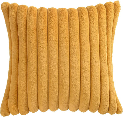 Volcanics Pack of 1 Double-Sided Faux Fur Plush Decorative Throw Pillow Covers 18x18 Inches Soft Fluffy Striped Couch Pillow Cases, Mustard Yellow
