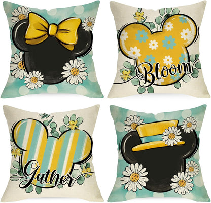 Spring Summer Decorative Throw Pillow Covers 16 x 16 Set of 4, Daisy Flower Eucalyptus Leaves Bloom Gather Cushion Case Decor, Teal Yellow Stripes Polka Dot Home Decoration