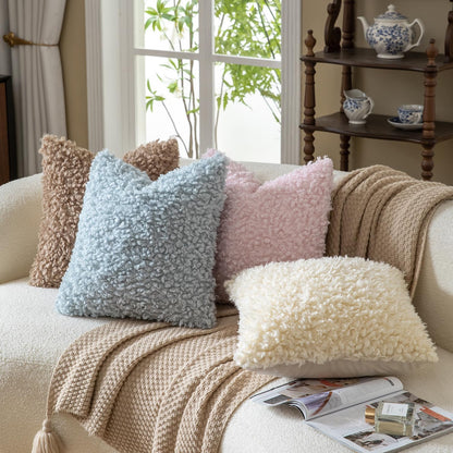 MANDIOO 2 Pieces 18x18 Inch Cream Yellow Faux Fur Throw Pillow Covers Boucle Decorative Sherpa Pillow Covers Thick Fuzzy Fleece Pillowcases Cushion Covers for Sofa Couch Bed Living Room