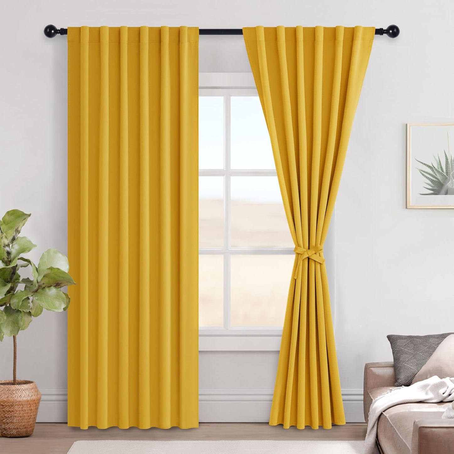 Hiasan Yellow Blackout Curtains for Bedroom 84 Inches Long Insulated Thermal Winter Curtains for Living Room Rod Pocket Noise Cancelling Window Treatment with Tiebacks,2 Pack