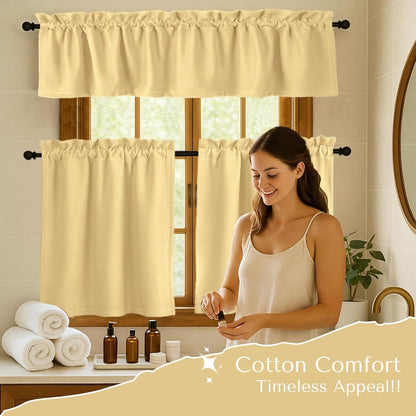 Native Fab 3 Piece Window Curtain Tiers 26"x36" and Valance 54"x18" Set - Rod Pocket - Semi Sheer - Short Curtain for Kitchen, Cafe, Living Room - Pale Yellow