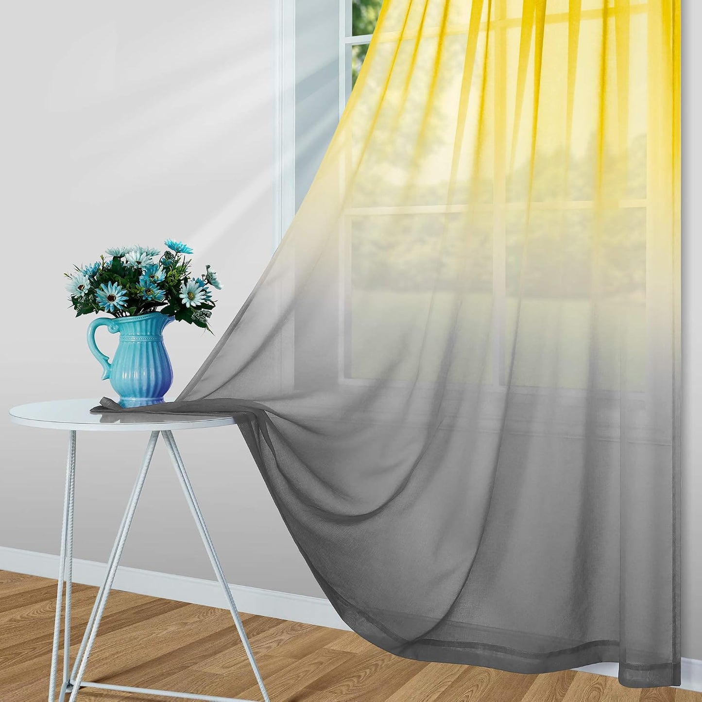 Mrs.Naturall Yellow Sheer Curtains 84 Inches Long for Living Room, Summer Ombre Patterned Voile Curtains for Bedroom Dining Room, Bright Yellow and Grey Gray