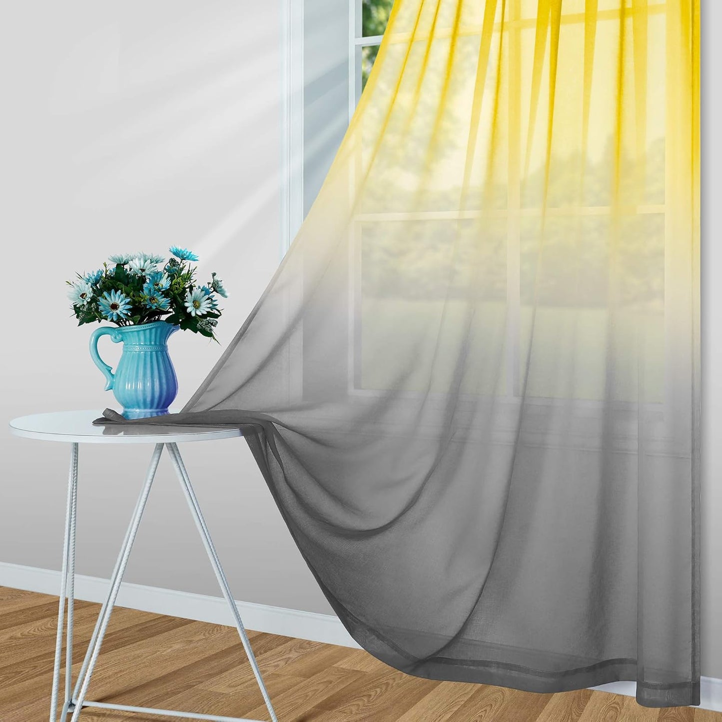 Yellow and Grey Curtains for Bedroom Set of 1 Panel Pole Pocket Faux Linen Semi Sheer Drapes Ombre Voile Curtains for Living Room Dining Room Girls Bedroom 52 x 63 Inch Length Yellow and Gray