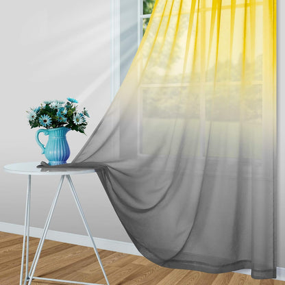Yellow and Grey Curtains for Bedroom Set of 1 Panel Pole Pocket Faux Linen Semi Sheer Drapes Ombre Voile Curtains for Living Room Dining Room Girls Bedroom 52 x 63 Inch Length Yellow and Gray