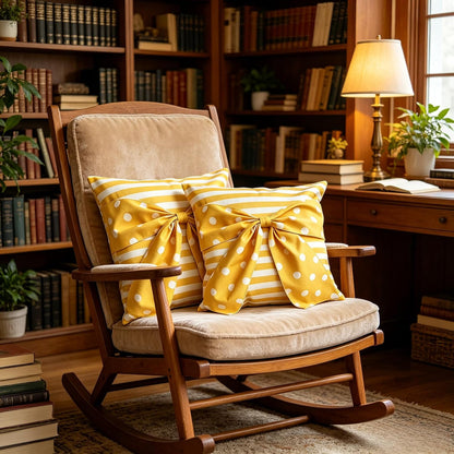 Yellow Big Bows Throw Pillow Covers Set of 2, Linen Pillow Covers with Striped Polka Dot Print, Spring Summer Decorative Cushion Cases for Safa Couch Home Decor, Yellow-Dot, 18X18 Inch