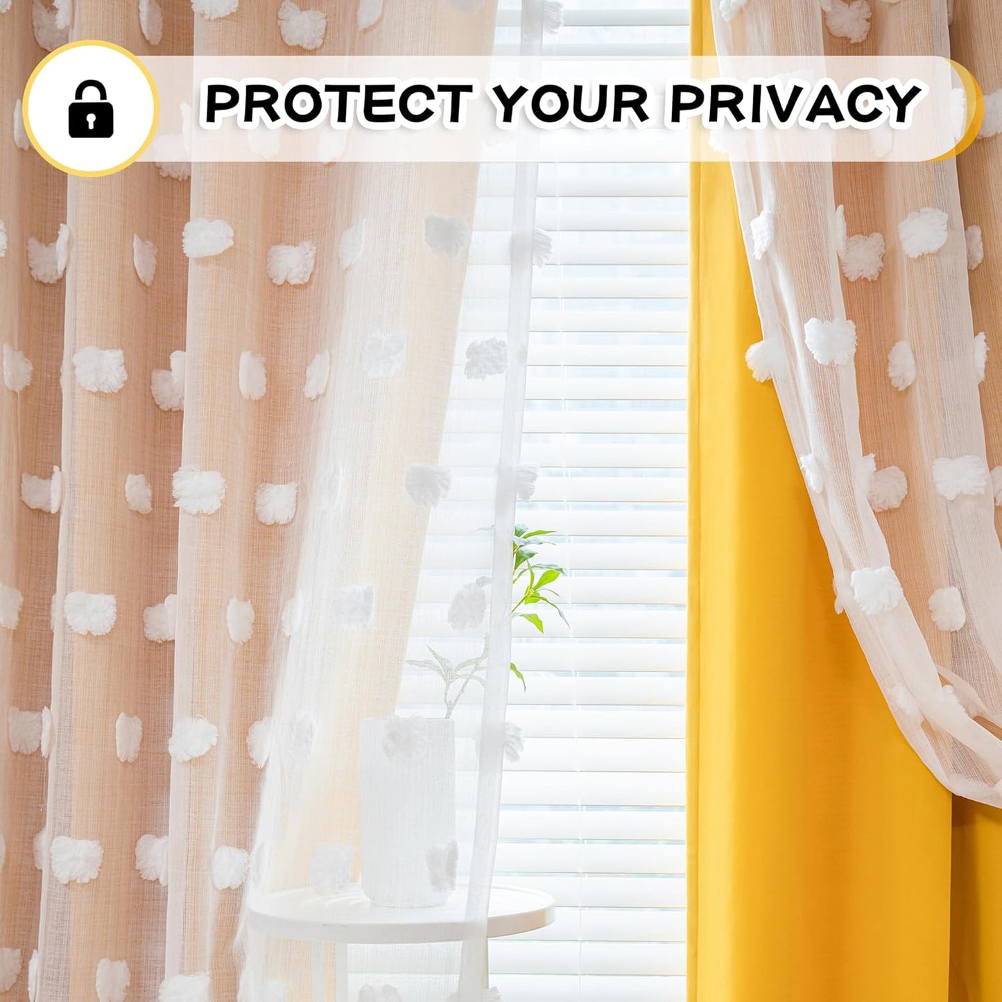 MYSKY HOME Nursery Curtains for Girl Room Yellow Curtains 72 Inches Long Pom Pom White Sheer Curtains for Kids Room Double Layer Toddler Bedroom Grommet Room Darkening Window Panels 52 x 72 Inch