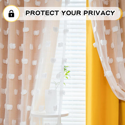 MYSKY HOME Nursery Curtains for Girl Room Yellow Curtains 72 Inches Long Pom Pom White Sheer Curtains for Kids Room Double Layer Toddler Bedroom Grommet Room Darkening Window Panels 52 x 72 Inch