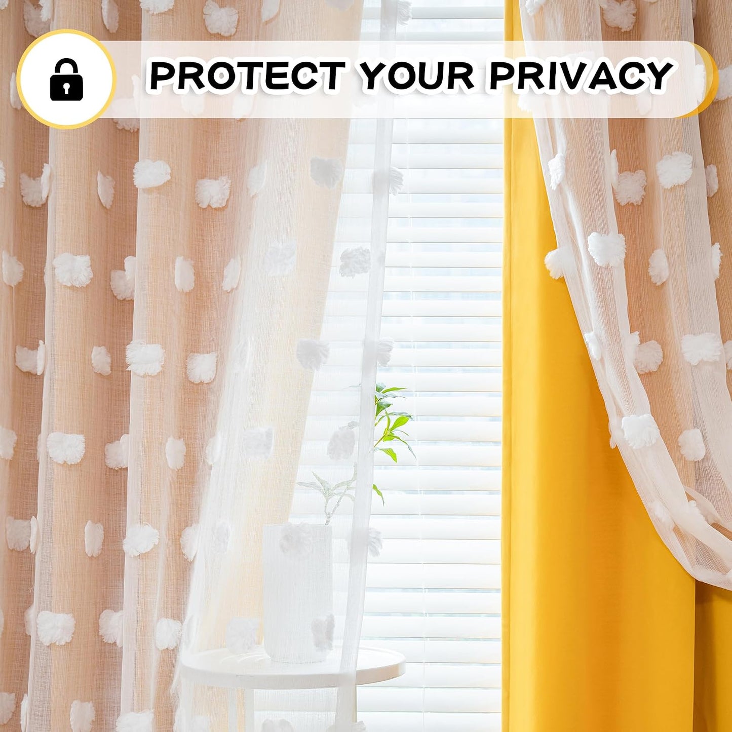 MYSKY HOME Yellow Curtains for Living Room Nursery Curtains 84 Inch Long Double Layer Curtains for Kids Room White Pom Pom Sheer Blackout Grommet Room Darkening Window Curtains 2 Panels Set 52" x 84"