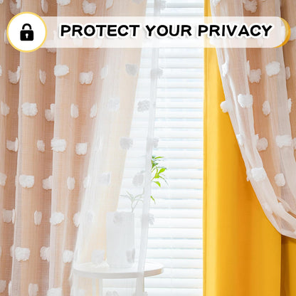 MYSKY HOME Yellow Curtains for Living Room Nursery Curtains 84 Inch Long Double Layer Curtains for Kids Room White Pom Pom Sheer Blackout Grommet Room Darkening Window Curtains 2 Panels Set 52" x 84"