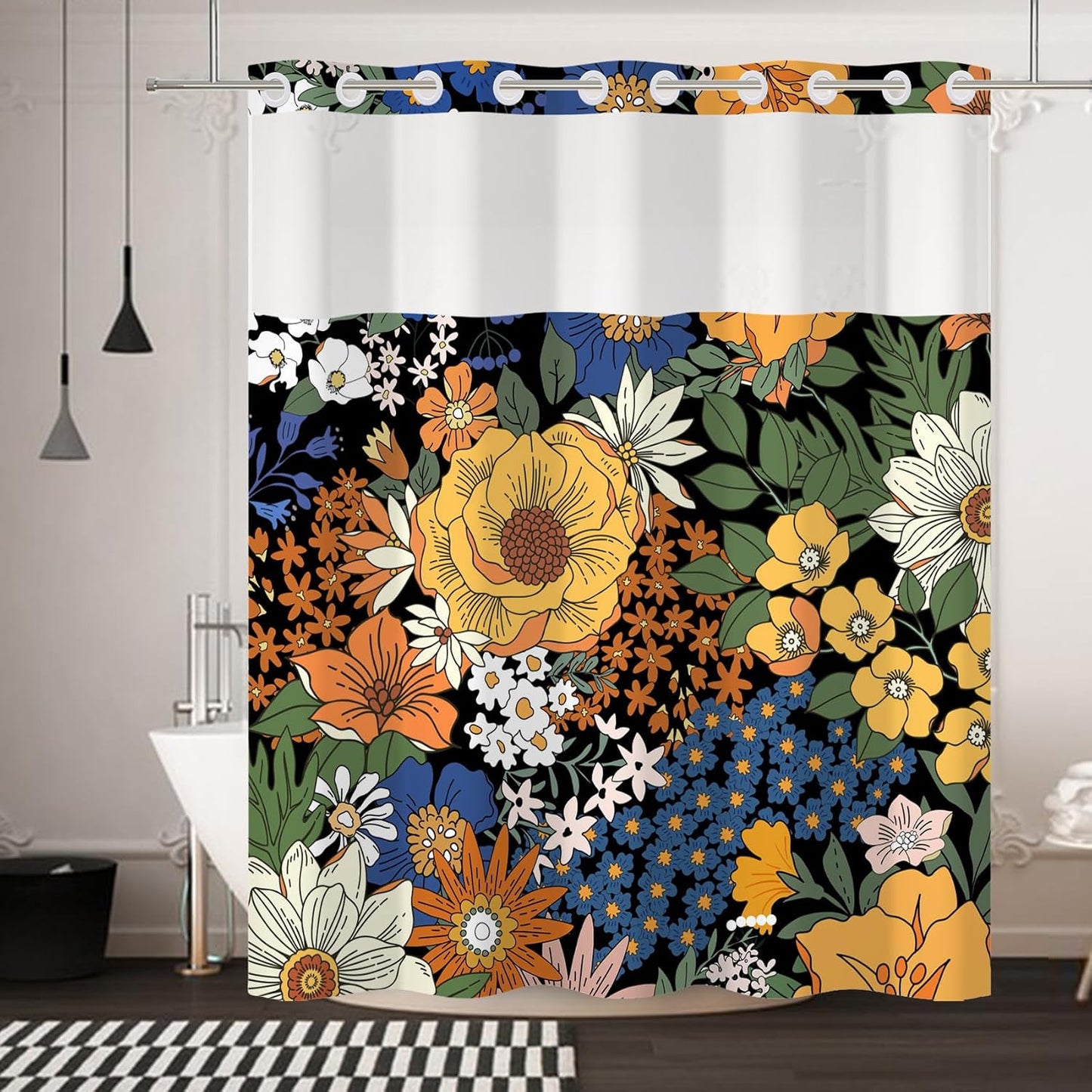 No Hook Shower Curtain,Dark Boho Flower Double-Layered Shower Curtain with Snap-in Liner and Weights,Yellow Blue Flower Floral Fabric Bath Curtain with See Through Mesh, 71x74in