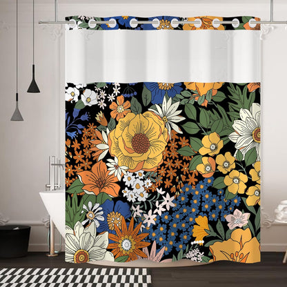 No Hook Shower Curtain,Dark Boho Flower Double-Layered Shower Curtain with Snap-in Liner and Weights,Yellow Blue Flower Floral Fabric Bath Curtain with See Through Mesh, 71x74in