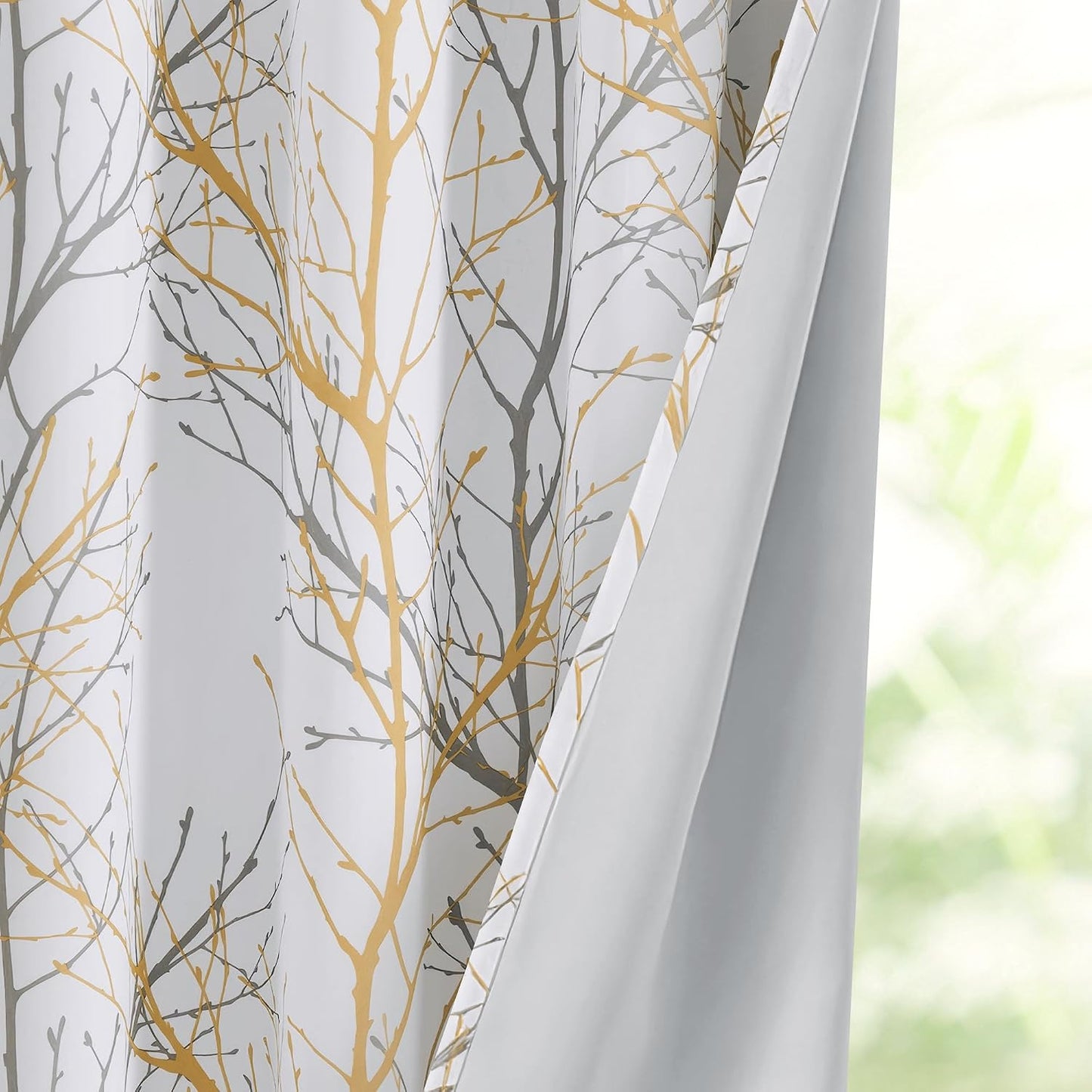 FMFUNCTEX 100% Blackout Curtains Yellow White Tree Liner Curtains for Bedroom, Branch Partterned Curtains 63 inch Length for Living Room, Room Darkening Thermal Insulated Drapes, Grommet Top 2 Panels