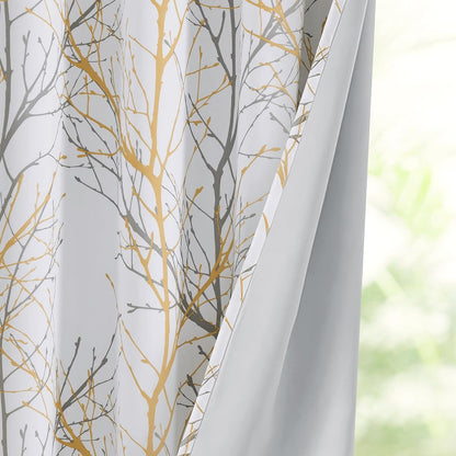 FMFUNCTEX 100% Blackout Curtains Yellow White Tree Liner Curtains for Bedroom, Branch Partterned Curtains 63 inch Length for Living Room, Room Darkening Thermal Insulated Drapes, Grommet Top 2 Panels