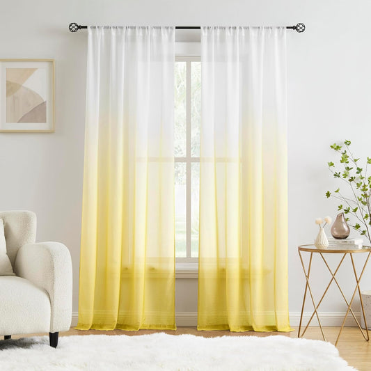 Yellow Ombre Chiffon Sheer Curtains 84 Inch Long for Living Room Bedroom Decor, Gradient Crinkle Light Filtering Curtain Panels for Girls Room, Rod Pocket Semi Sheer Curtain Drapes 42"W, Set of 2