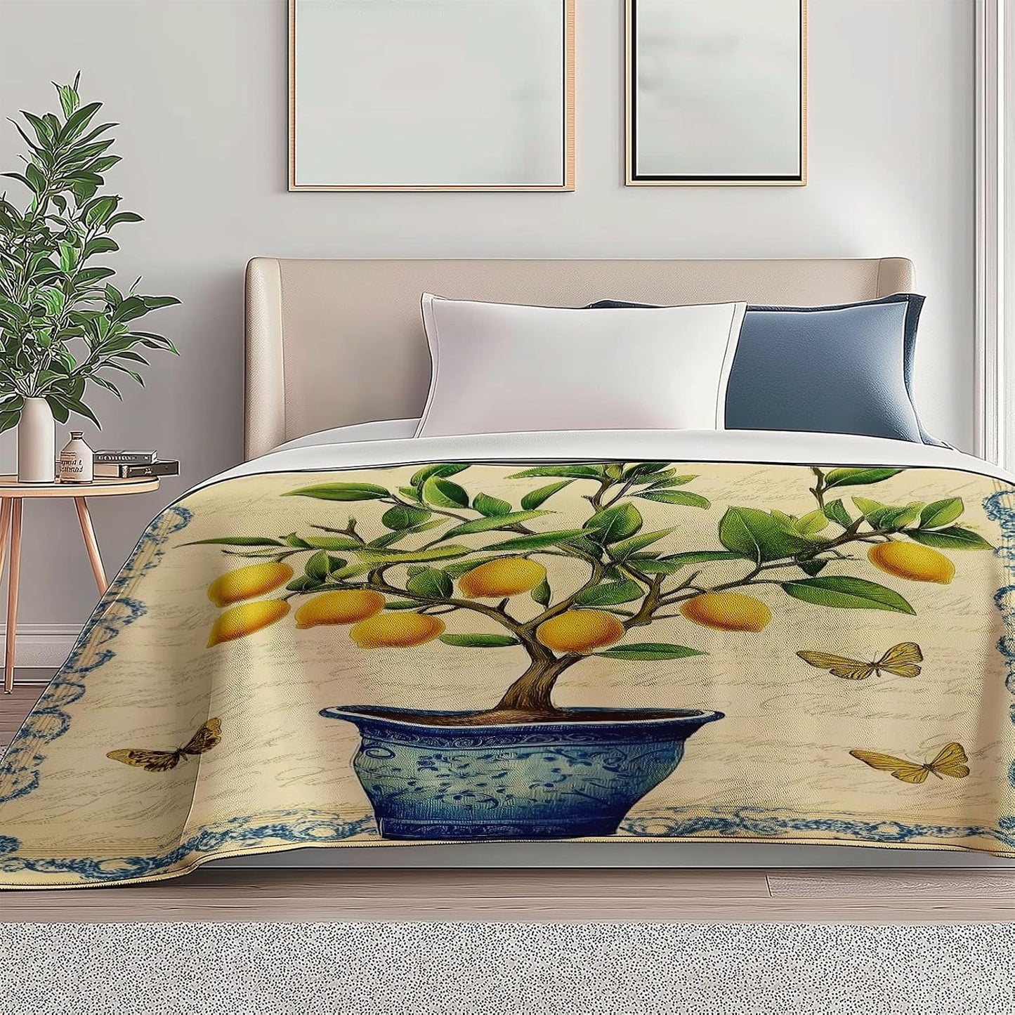 Blanket Printed Fleece Throw Vintage Plants Lemon Butterfly Cozy Fluffy Comfy for All Seasons, Full 50" x 60" Soft Warm Lightweight Flannel Plush Throws for Sofa Couch and Bed, Mustard Yellow