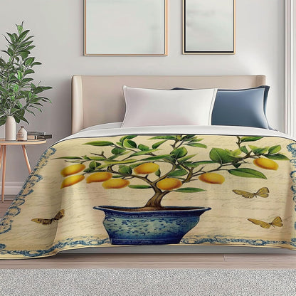 Blanket Printed Fleece Throw Vintage Plants Lemon Butterfly Cozy Fluffy Comfy for All Seasons, Full 50" x 60" Soft Warm Lightweight Flannel Plush Throws for Sofa Couch and Bed, Mustard Yellow