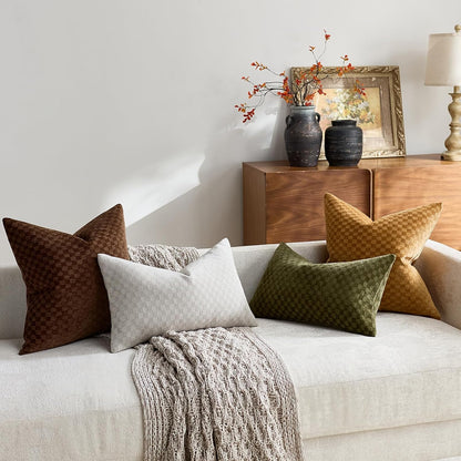 Croker Horse 18x18'' inches Chenille Plaid Throw Pillow Cover – Yellow Textured 3D Geometric Grid Checkered Plaid Pattern, Soft Modern Farmhouse Boho Cushion Case for Sofa Couch Bedroom Living Room