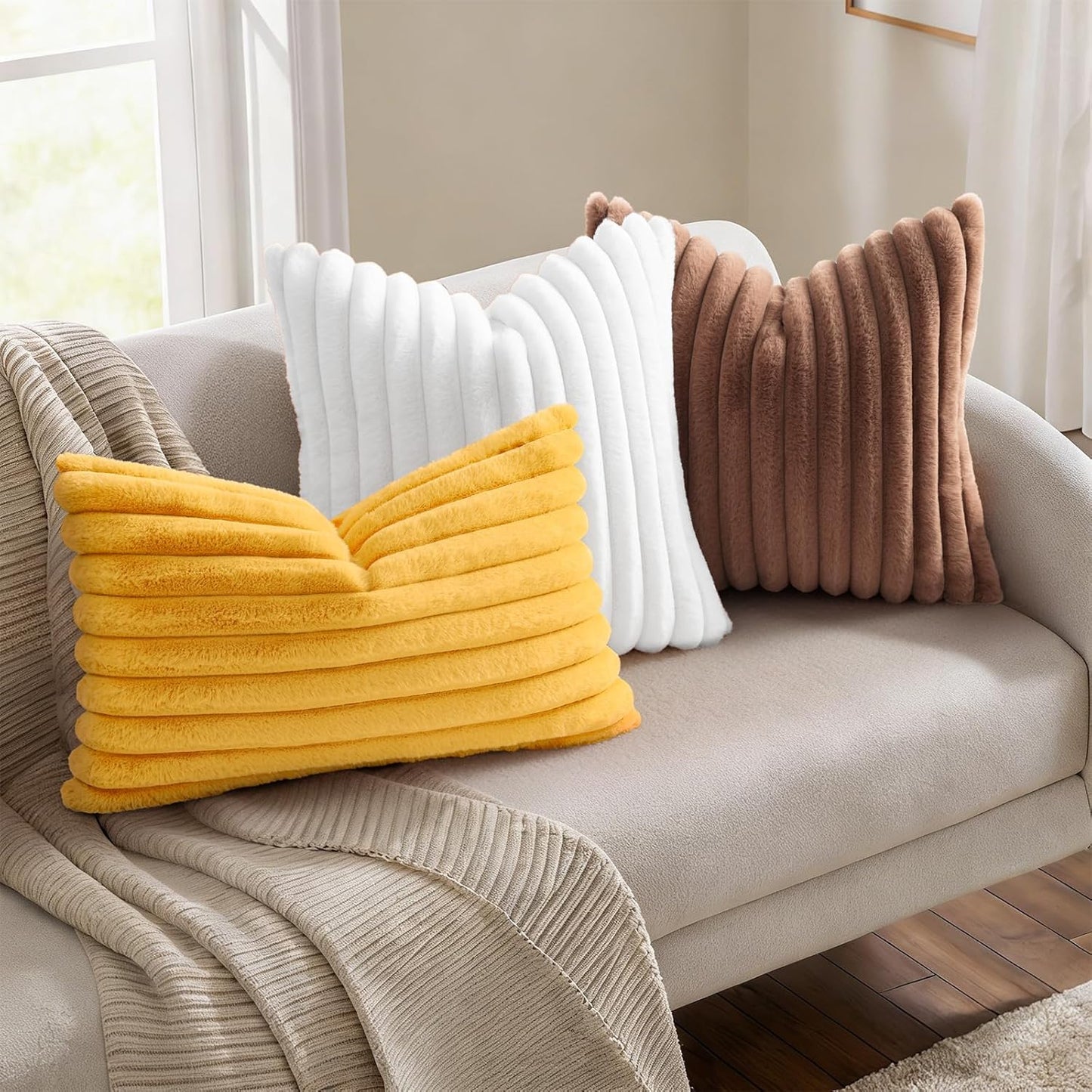 Simmore Faux Fur Couch Throw Pillow Covers 18x18 Set of 2, Decorative Soft Striped Plush Pillow Covers with Velvet Back for Sofa Bed Living Room, Mustard Yellow