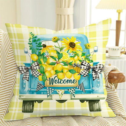 Spring Summer Lemon Throw Pillow Covers 18x18 Inch Set of 4 Hello Sunshine Farmhouse Truck Yellow Plaid Cushion Covers Home Decor for Couch Cushion Cases