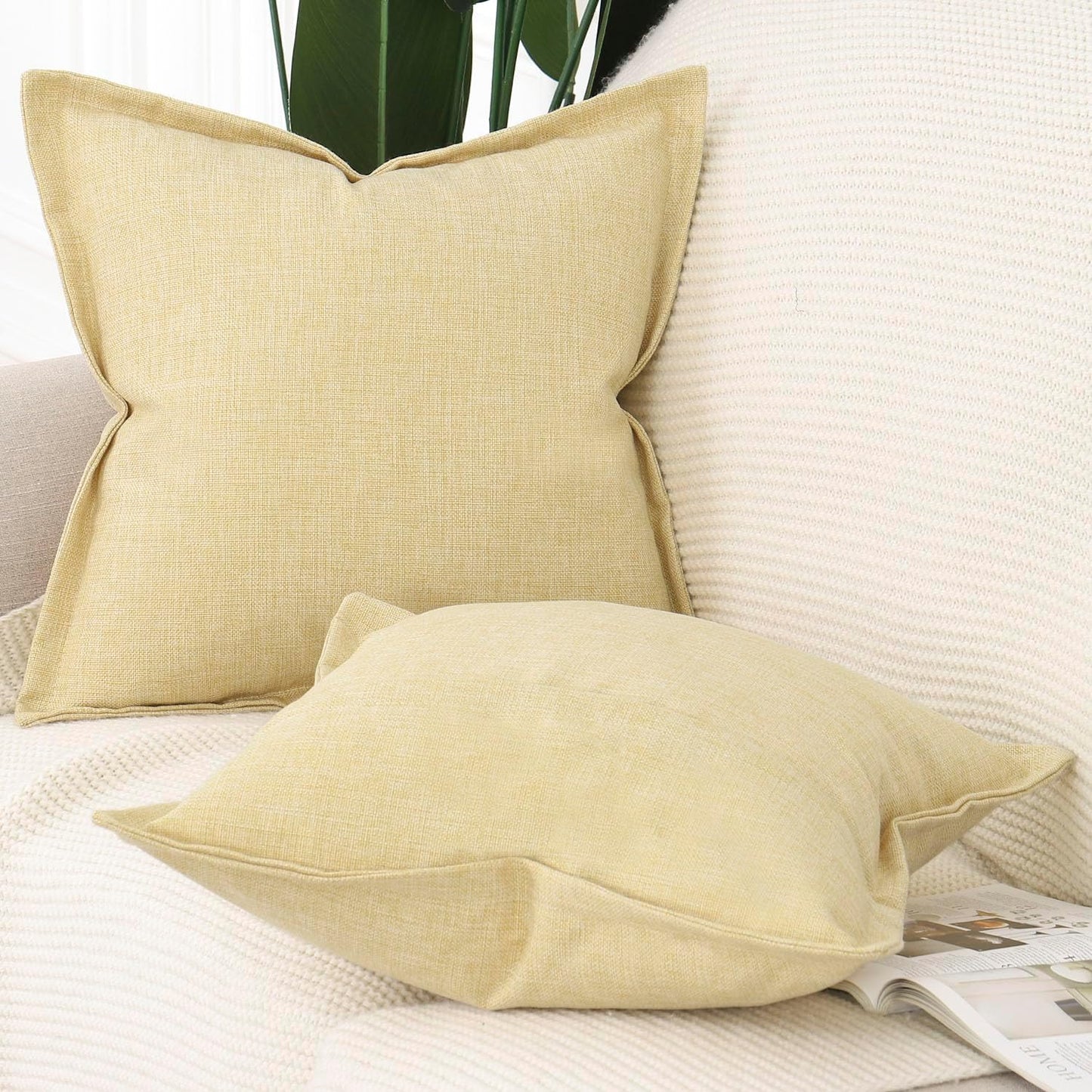 MADIZZ Pack of 2 Faux Rustic Linen Throw Pillow Covers with Flange Edge Soft Boho Natural Decorative Pillowcases for Sofa Living Room Modern Throw Pillows for Bed 16x16 Inch Light Yellow