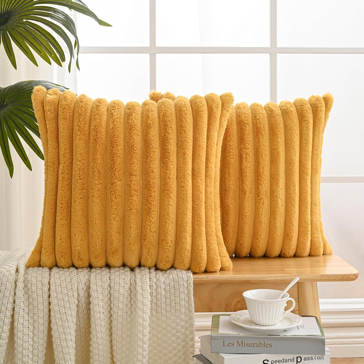 Volcanics Set of 2 Faux Fur Plush Decorative Throw Pillow Covers 18x18 Inches, Striped Cushion Cases Soft Fluffy Accent Pillowcases for Sofa, Couch and Bed, Mustard Yellow