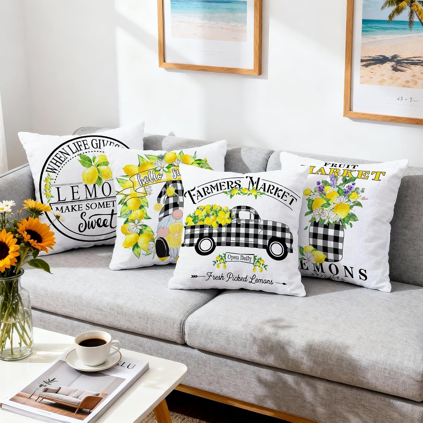 Hexagram Lemon Pillow Covers, Summer Buffalo Plaid 18x18 Pillow Cover | Lemmon, Farmhouse, Outdoor Decorative Buffalo Plaid, Cushion, Couch, Sofa, Living Room, Bedroom, Indoor Decor