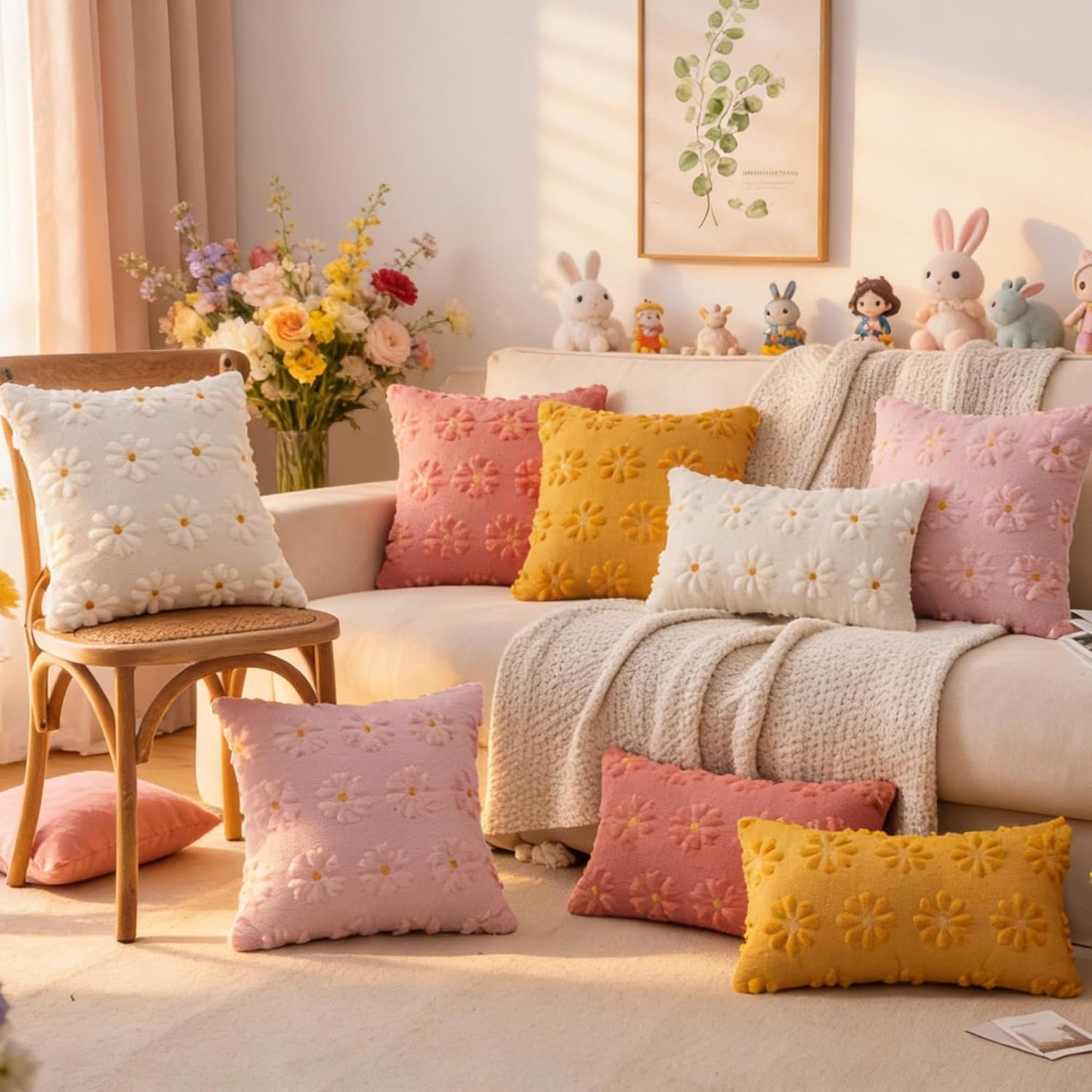 AQOTHES Spring Summer Yellow Throw Pillow Covers 12x20 inch Set of 2 Flower Floral Faux Fur Cute Throw Pillows for Sofa Couch Living Room Decor