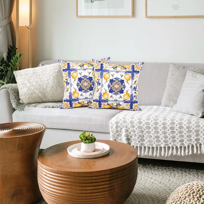 TAJWE Summer Outdoor Pillow Covers 18x18 Inch Set of 2 Italy Lemon Blue and Yellow Decorative Throw Pillowcases Farmhouse Waterproof Square Cushion Cases for Patio Furniture Garden Bench Porch Decor