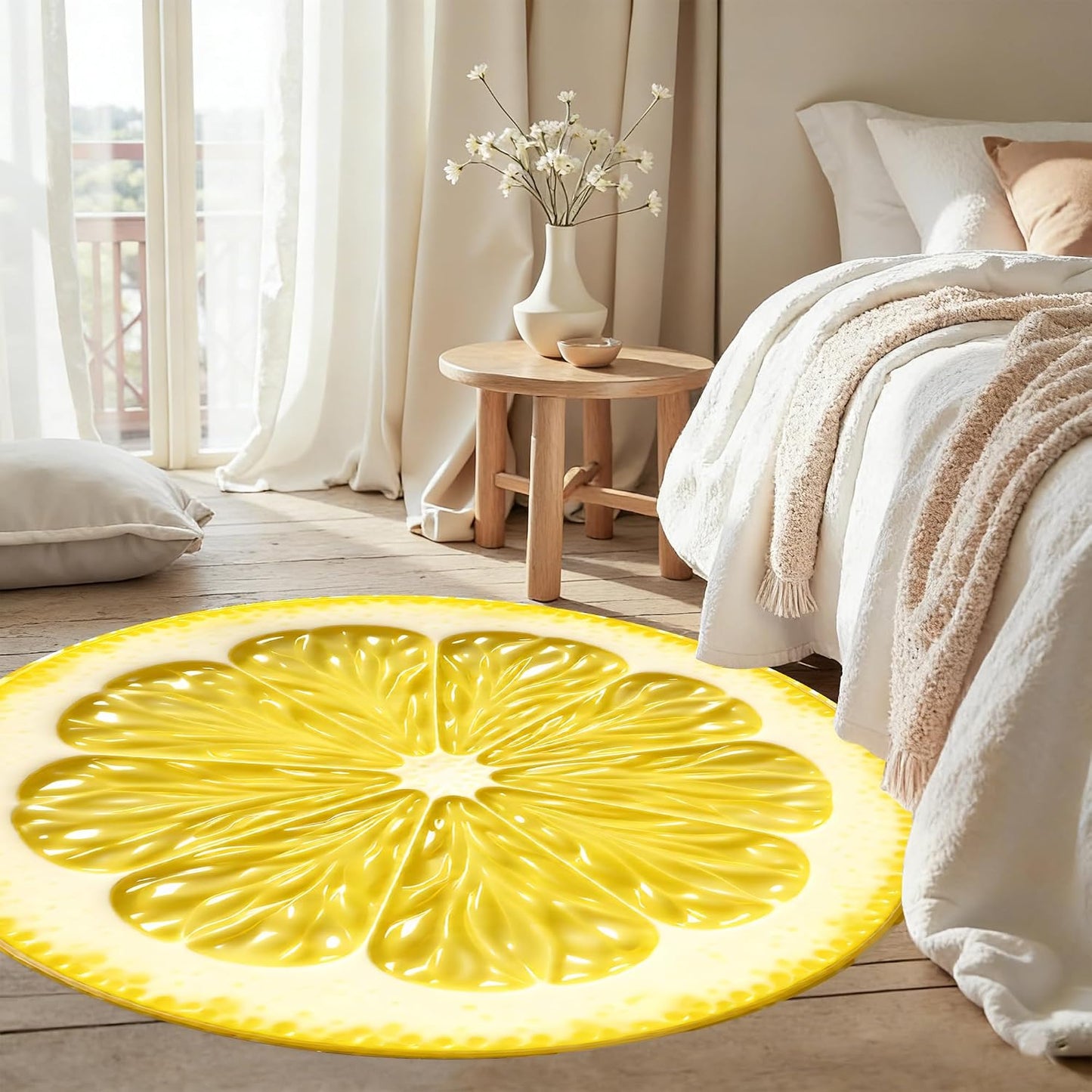 Summer Lemon Rug 5Ft for Bedroom Kitchen Living Room Home Office Dining Room Nursery Fresh Lemon Slice Design Round Area Rug Floor Carpet Yellow Circle Decorative Rugs