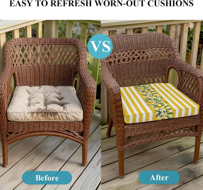 Outdoor Patio Cushion Covers 2 Pack Yellow Lemon Stripes Chair Pads Slipcovers with Ties Waterproof Floral Fruit Leaves Seat Cushion Covers for Outdoor Furniture Protector Couch Sofa 22x20 Inch