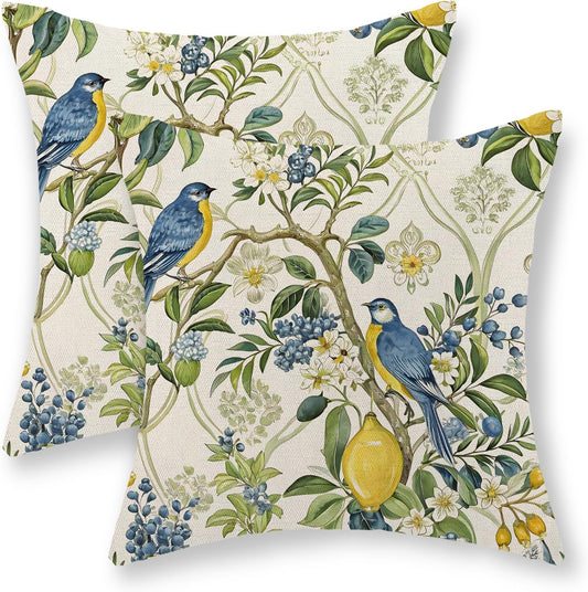 Chinoiserie Pillow Covers 18x18 Set of 2 Blue Green Bird Floral Throw Pillows Vintage Botanical Yellow Lemon Flower Decorative Pillowcase Outdoor Chinoiserie Decor Linen Cushion Case for Couch