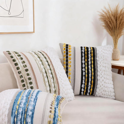 18x18 Inch Boho Pillow Covers Set of 2 Chenille Throw Pillow Cases for Couch Farmhouse Decorative Striped Cushion Covers for Sofa Bedroom Living Room (Blue Yellow)