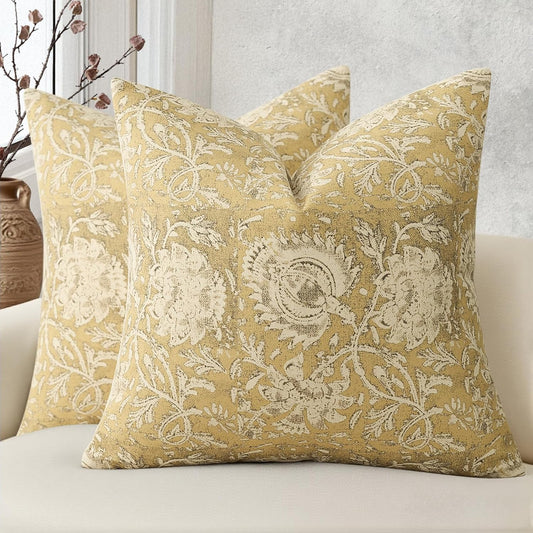 Vintage Floral Print Throw Pillow Covers 18x18 Set of 2 Neutral Modern Farmhouse Pillowcases Accent Decorative Cushion Covers Boho Home Decor for Couch Sofa Chair Bed Living Room, Yellow