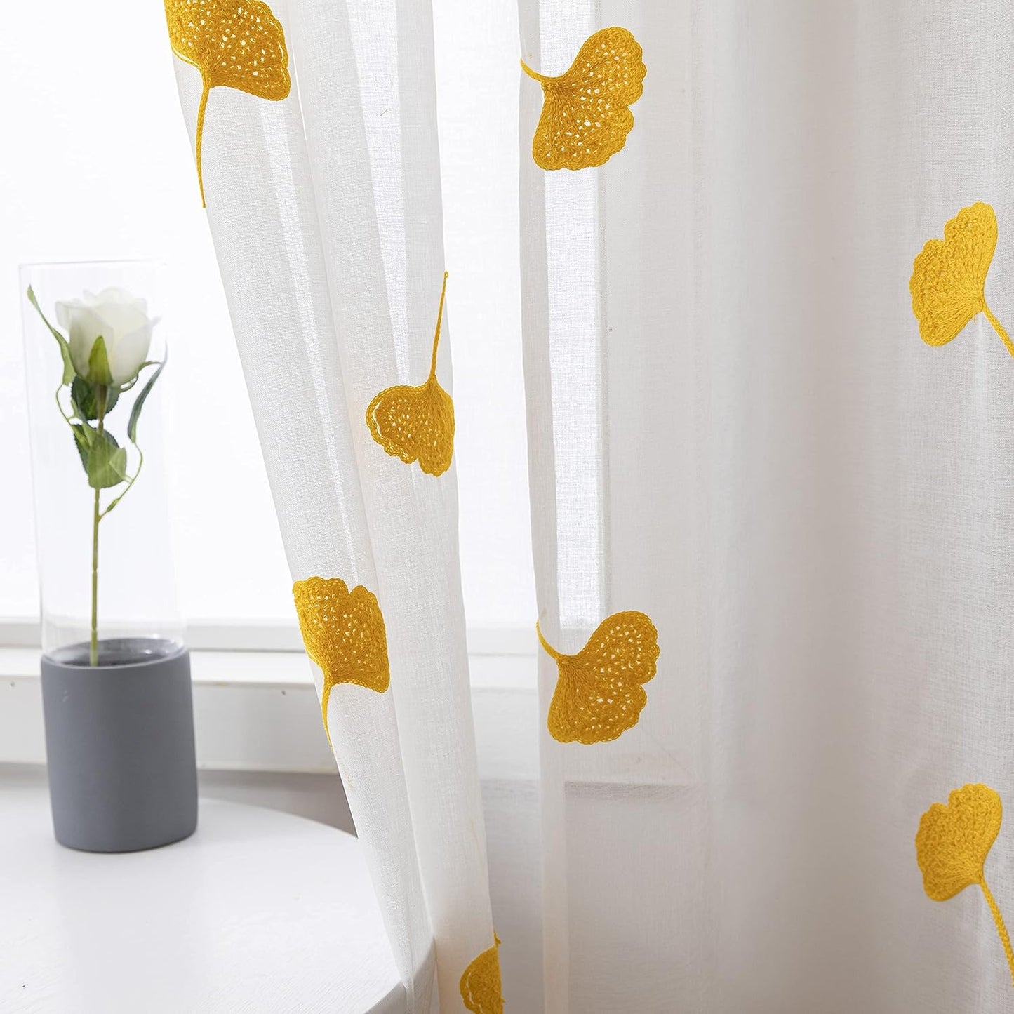 Yellow Sheer Curtains 84 Inches Long Embroidered Leaf Patterned Linen Look Floral Semi Sheer Curtain for Kids Bedroom Living Room Grommet Voile Drapes 2 Panels