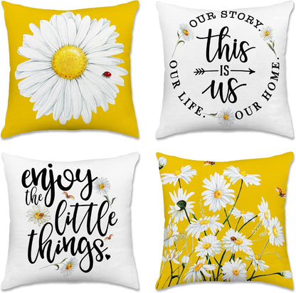Hexagram Summer Throw Pillow Covers, Outdoor Daisy Decorative 18x18 Pillow Cover, Yellow Farmhouse Cushion Throw Pillows Covers for Couch Indoor Summer Home Decor(No Insert)