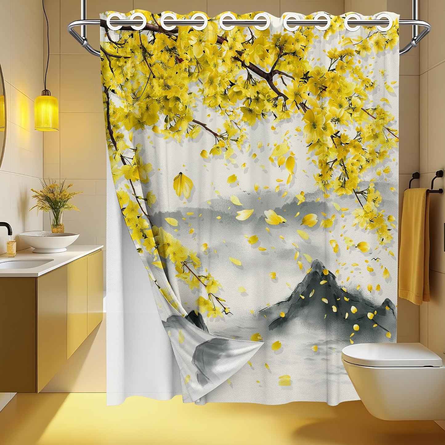 Yellow Floral Hookless Shower Curtain with Snap in Liner Set, Mustard Gray Anime No Hook Shower Curtains for Bathroom Double Layer Ringless Liner with Magnets Waterproof Fabric, 71 x 74 Inch