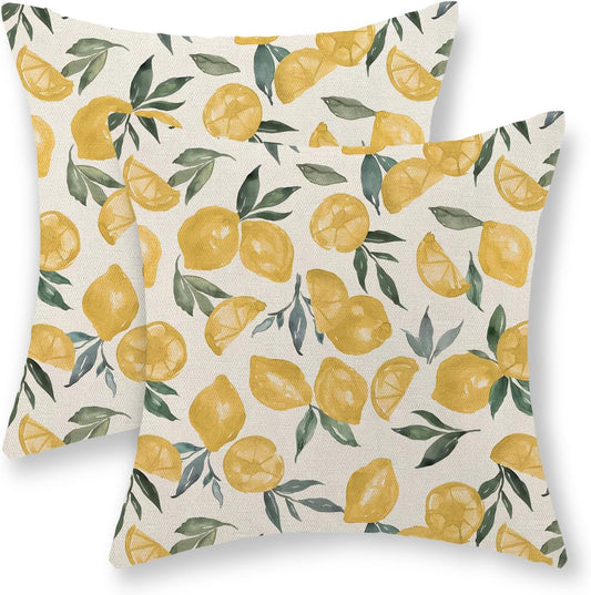 Summer Pillow Covers 18x18 Inch Set of 2 Yellow Lemon Pillow Covers Summer Outdoor Decorative Pillow Cases Linen Farmhouse Yellow Cushion Covers Decor for Couch Living Room Bedroom Sofa
