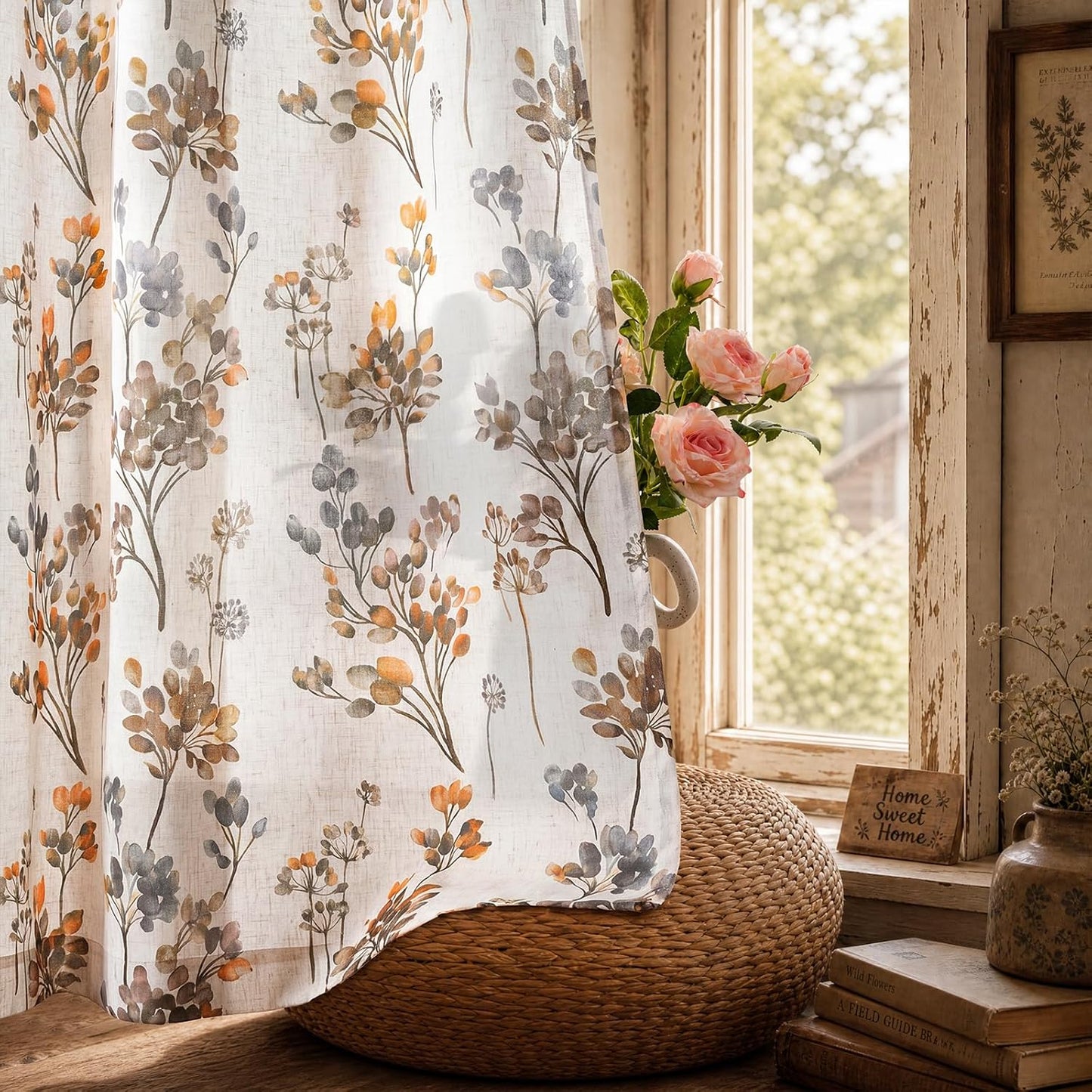 Floral Linen Curtains 72 inch Length 2 Panels Set Flower Patterned Semi Sheer Light Filtering Privacy Farmhouse Grommet Drapes for Living Room, Yellow, 52" W X 72" L, Tan