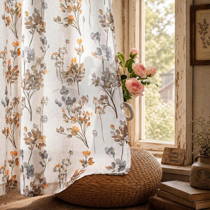 Floral Linen Curtains 72 inch Length 2 Panels Set Flower Patterned Semi Sheer Light Filtering Privacy Farmhouse Grommet Drapes for Living Room, Yellow, 52" W X 72" L, Tan