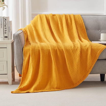 EMME Muslin Blankets for Adults Throw Blanket for Couch Breathable Gauze Soft Lightweight Airy Mustard Yellow Queen 90" x 90"