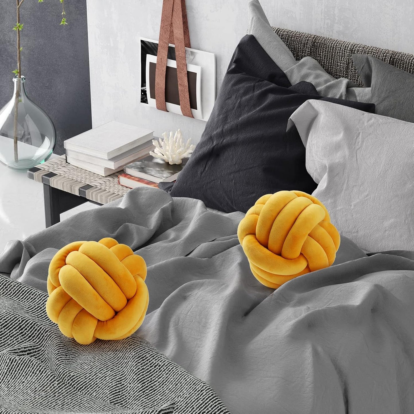 Namalu 2 Pcs Soft Knot Pillow Ball, Decorative Round Throw, Soft Knotted Plush Pillows, Handmade Stuffed Ball Pillows Cushion for Bedroom Sofa Couch Home Decor(7.87 Inches,Ginger Yellow)