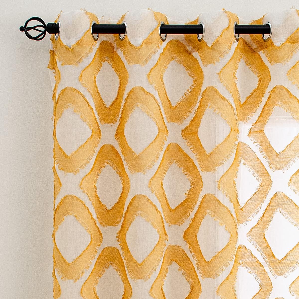 Linentalks Shaggy Yellow Sheer Curtains 63 Inches Long 2 Panels Set, Geometric Patterned Sheer Curtains for Living Room, Mustard Yellow Drapes Faux Linen Grommet Short Window Curtain Panels
