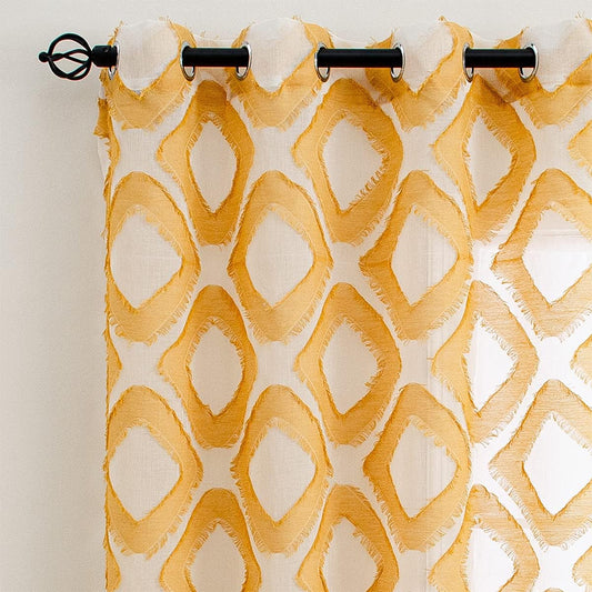Linentalks Shaggy Yellow Sheer Curtains 63 Inches Long 2 Panels Set, Geometric Patterned Sheer Curtains for Living Room, Mustard Yellow Drapes Faux Linen Grommet Short Window Curtain Panels