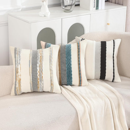 Boho Tufted Throw Pillow Covers 18x18 Set of 2 Striped Decorative Pillow Cases Accent Chenille Pillowcases Farmhouse Cushion Case Fall Autumn Home Decor for Sofa Bed Living Room,Yellow and Gray