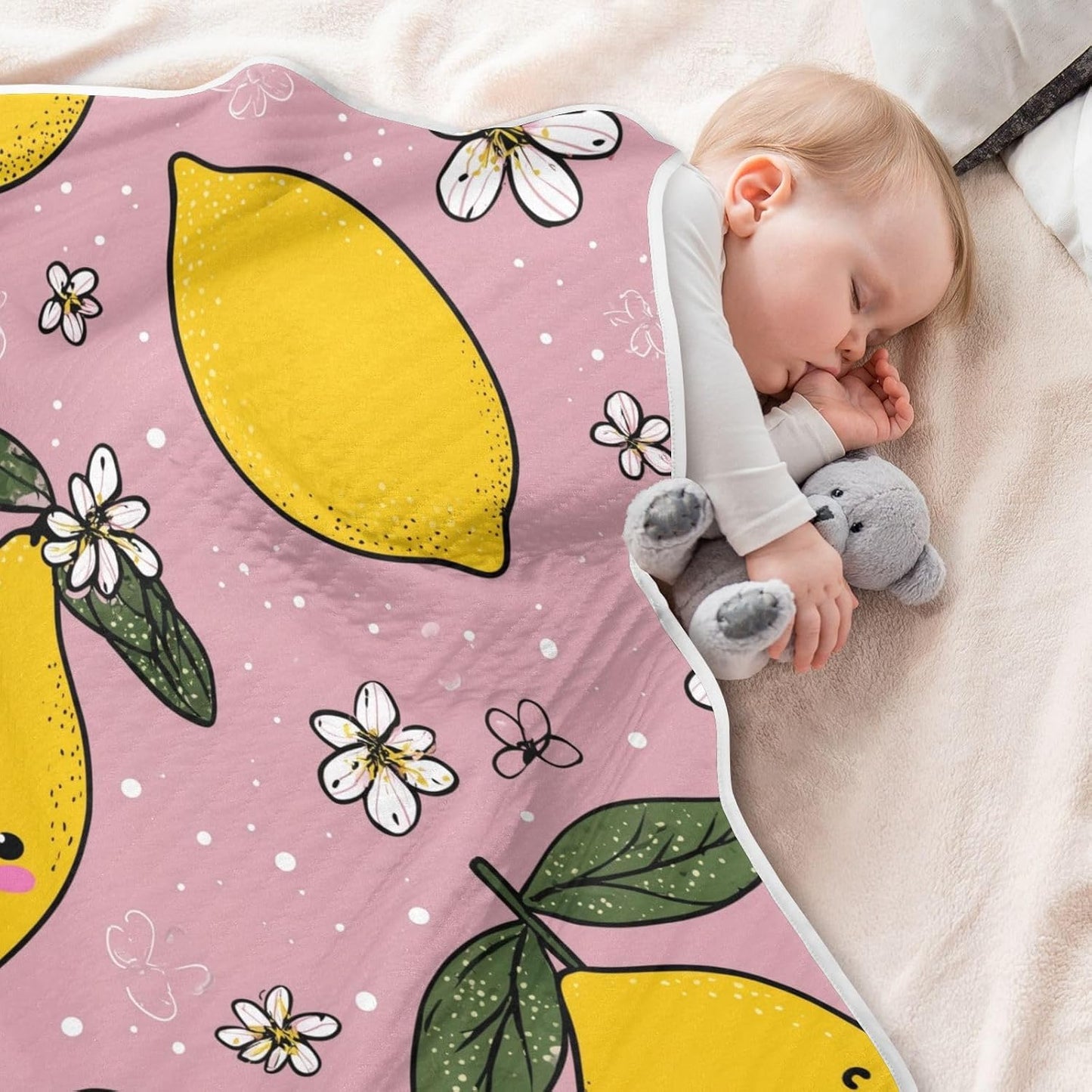 Yellow Lemons and Leaves Baby Blanket Quilt - Soft Lightweight Cotton Baby Blankets for Boys & Girls, 30x40in